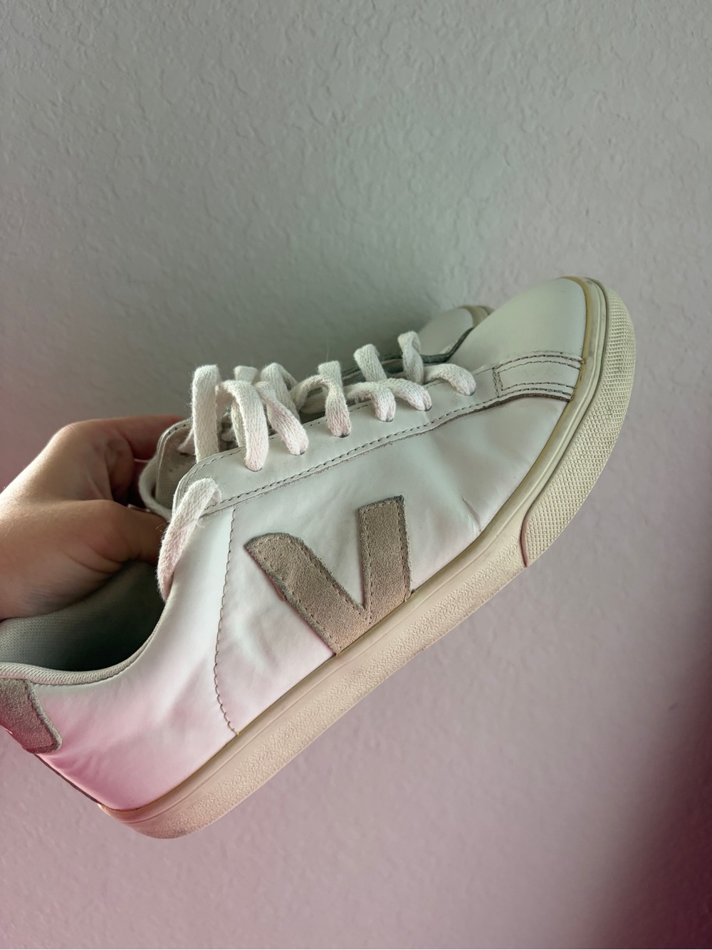 Veja White Leather Sneakers with Beige V Logo